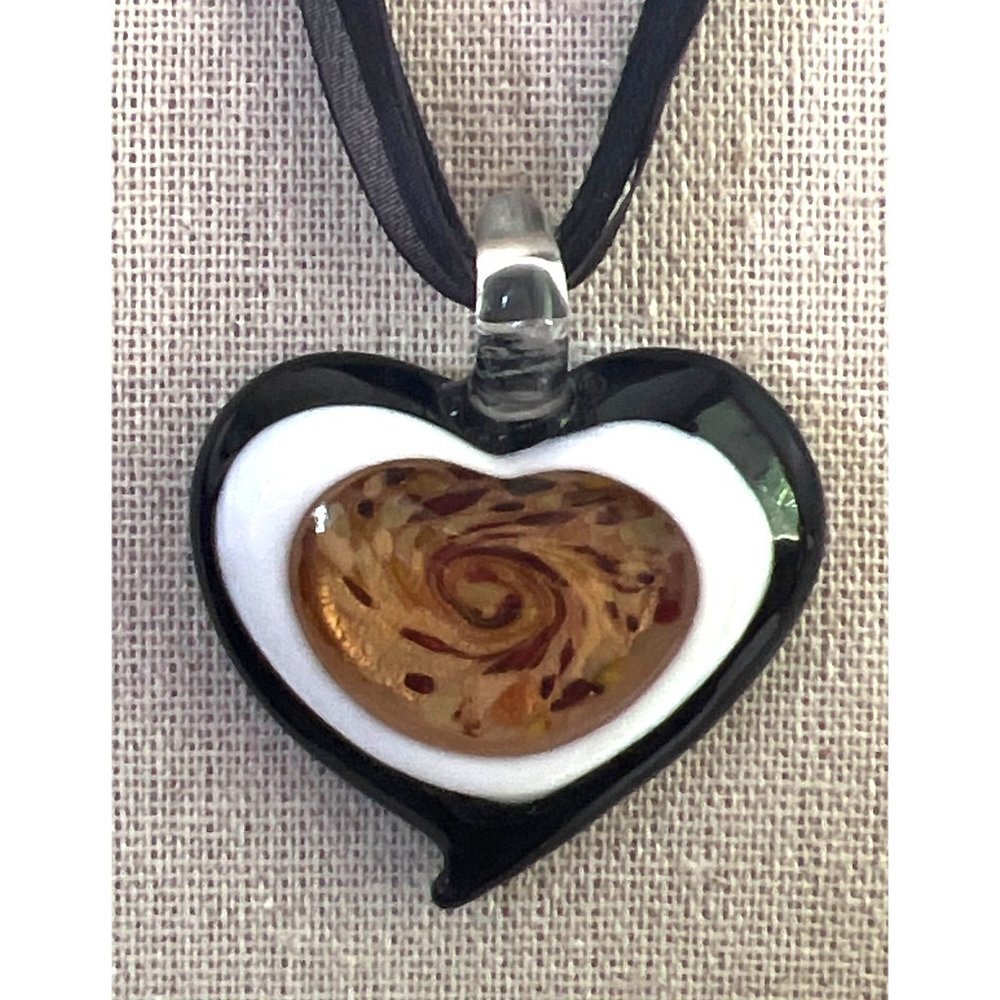 Dichroic Heart Glass Amber Swirl Pendant -- 18"
